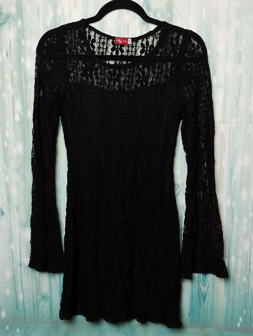 Floral Lace Mini Dress With Bell Long Sleeves Black Small